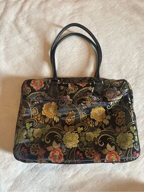 Vintage Mango Tango Floral Brocade Travel Tote Carry On Bag Black Gold